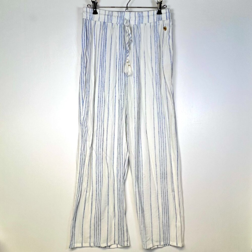 Hawaiian Tropic Swim Cover Up Pants M White Blue Striped Wide Leg Beach Pool Sun